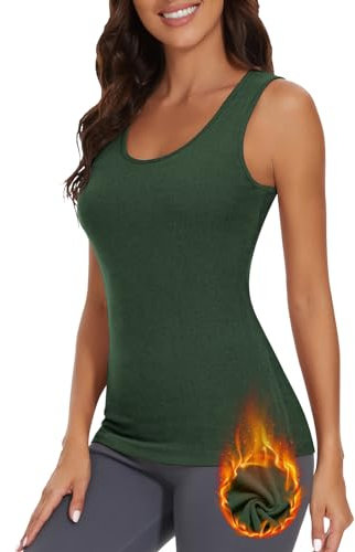 WOWENY Thermo Unterhemden Damen Warm Basic Top Damen Winter Tank Top U-Ausschnitt Unterziehshirt Thermounterwäsche Schlaftop Ärmellos Oberteil Grün L