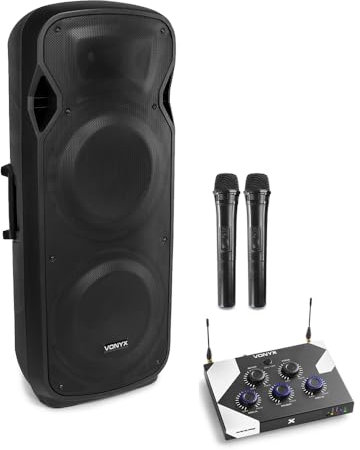 VONYX Home Karaoke System with Wireless Microphones, Bluetooth Speaker and Mic, Double 15-Inch Active PA Speaker, Karaoke Setup for TV, Echo Effects, Adults, Parties