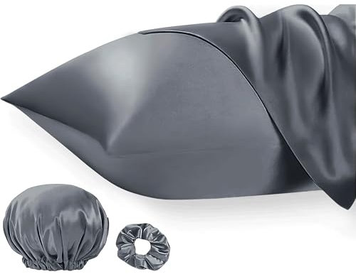 Seiwohl Satin Kissenbezug 40x70 2er Set, Weich wie Seidenkissenbezug Silk Pillowcase, Vegane Seide Kopfkissenbezug Kissenhülle Haarschutz für die Nacht mit Haargummi und Haarhaube, Dunkelgrau