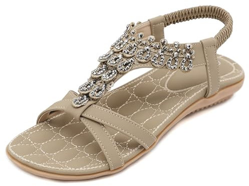 Amissz Women Sandals Flat Shoes Comfort Walking with Non Slip on Casual Summer Beach Sandals Dress Ankle Elastic Open Toe Rhinestone Bohemian Beige Size 7