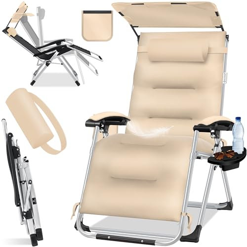 KESSER® Chaise longue de jardin pliable XXL résistante aux intempéries, charge maximale 200 kg, dossier ergonomique réglable avec coussin de nuque, porte-gobelet et rembourrage pour les bras, avec