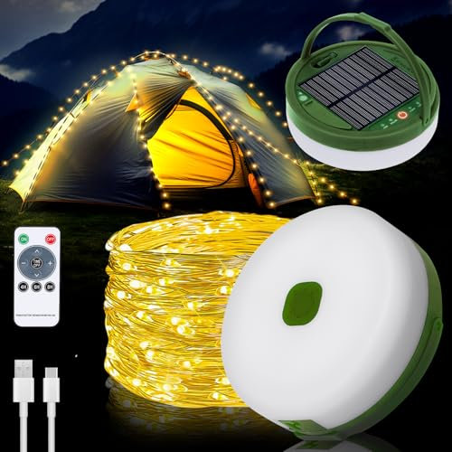 Yizhet 10m Camping Lichterkette Solar – Wiederaufladbare Outdoor LED Lichterkette mit USB, wasserdicht, tragbar, perfekt für Camping und Garten (Warmweiß)