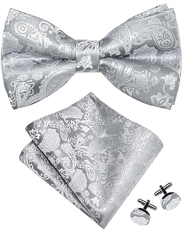 Gusleson Mens Light Grey Bow Tie Pocket Square Set for Wedding Pre-Tied Silver Paisley Bowties Handkerchief Cufflinks for Party (UK0497-13)