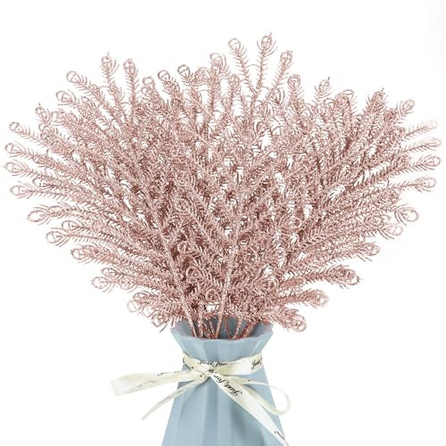 Kunjocy 12 Pcs Christmas Glitter Leaves, Artificial Christmas Floral Picks Faux Floral Plant Decor Christmas Tree Filler Picks for Xmas DIY Wreaths Decorative Wedding Party (Rose Gold)