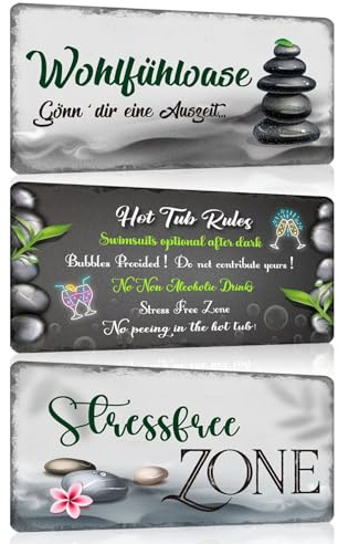 3er Set Whirlpool Schild mit Spruch Lustig 15x30cm - Wohlfühl Oase Retro Blechschilder - Stressfreie Zone - Gönn dir eine Auszeit - Hot Tub Rules - Garten Pool Metallschild Wanddekoration Geschenk