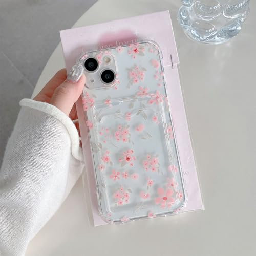ZCDAYE Floral Clear Case for iPhone 13 with Card Holder, Elegant Cute Flower Woman Phone Case, Soft TPU Shockproof Protective Phone Cover for iPhone 13 (6.1 inches), Gentle Pink