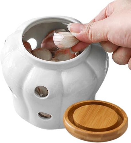 Pot à l'ail 4x4 pouces fraîcheur fraîcheur en céramique Cuisine Keeper Geeper grande ouverture avec comptoir de couvercle Rangement à l'ail élégant creux de couvercle pour oignons, gingembre (blanc),