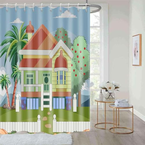 Simsant Blue Theme Cartoon House Palm Tree Shower Curtain 60x72 | Cartoon House Palm Tree Print On Blue Backdrop, Polyester Curtain With Hooks For Bathroom Bathtub Decor