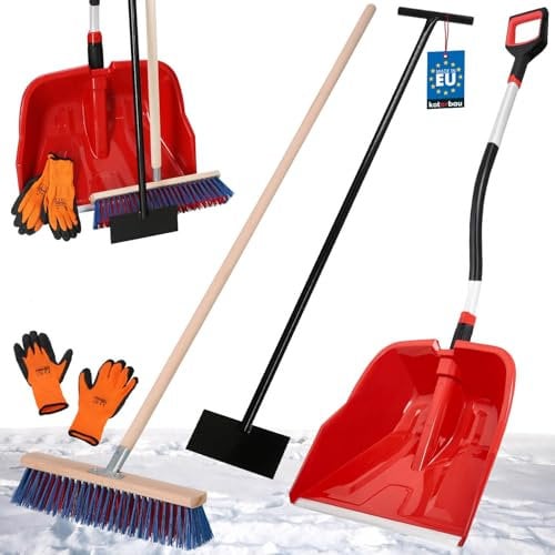 KOTARBAU® Set Schneeschaufel mit Aluminiumstiel 144 cm Straßenbesen mit Stiel 150 cm Eisschaber 119 cm + Handschuhe Schneeschieber Schneeräumer Schneeschaufel Stiel zur Schneeräumung
