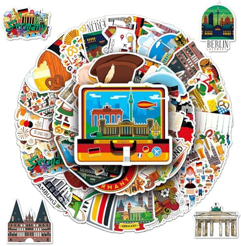 50 Stück Aesthetic Sticker Set, Reise Städte Aufkleber, Deutschland Reise Etiketten Aufkleber Vinyl Stickers, für Kinder Koffer Telefon Gitarre Fahrrad Helm Skateboard Sticker