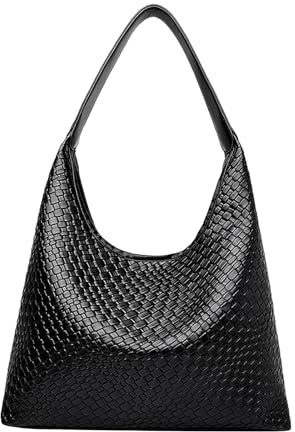 KYSUN Damen Hobo Handtasche, Schwarz, 13 Liter, Wasserresistent, PU Leder, Gewebte Tote Tasche, Topgriff und Schultertragegurt, 35x34.5x11cm