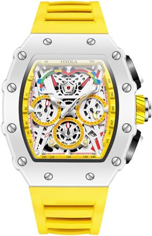 rorios Tonneau Armbanduhren für Herren Analog Quarz Uhr Silikon Sport Uhr Männer Mode Uhren Leuchtend Datum Kalender Uhren Gelb