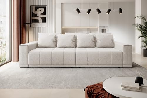 DomoHome Motta Bigsofa – Großes Sofa mit Bettfunktion, Liegefläche 175x228cm, 7-Kissen inklusive, Kansas-Stoffbezug, Zwei Bettkästen, Größe: 278x130x83cm, Farbe: Weiß