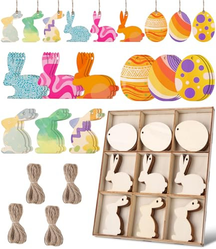 Bixury Holzanhänger Ostern Basteln Kinder, 36 Stück Ostern Geschenke Kinder Dekoaufhänger, Ostern Osterschmuck zum Aufhängen Osterdekoration, Ostereier Bemalen Maschine DIY Bastelsets Ostern Kinder