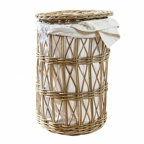 Loberon Wäschekorb Allegretta, Luftige Flechtoptik, mit Herausnehmbaren Baumwoll-Bezug, Natürlicher Charme, Aufbewahrung, Ordnungshelfer, Rattan, braun/Creme
