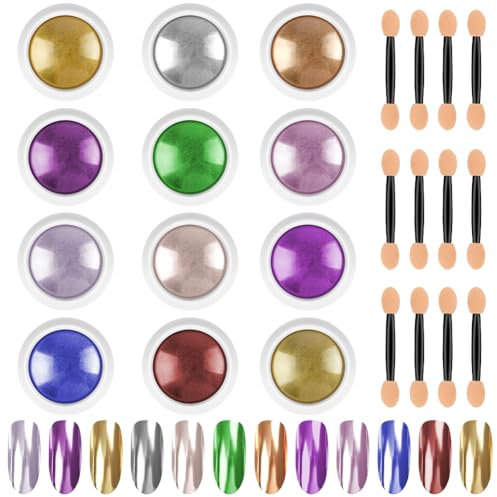 LOPHE Chrome Nail Powder, 12Pcs Upgrade Metallic Holo Nail Powder, Metallic Mirror Glitter Effect, Aurora Pearlescent Nails Chrome Powders, Glazed Donut Nails Powder for Nail-Art Design Decoration