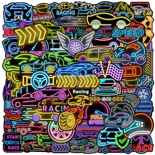120 Stück Neon-Rennwagen-Aufkleber, Rennwagen, Partyzubehör, Geburtstagsparty-Dekorationen, Vinyl, wasserdichte Aufkleber für Wasserflasche, Laptop, Gepäck, Helm, Geschenke für Teenager, Jungen
