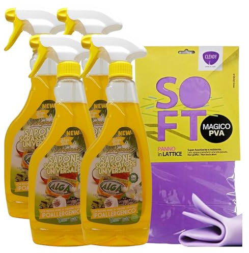 Sapone Ecologico: Sgrassatore Adatto per tutte le Superfici Lavabili, Ottima Azione Detergente, Concentrato, Delicato e Biodegradabile, 500ml + OMAGGIO 1 Panno in Lattice (4 Flaconi + 1 Panno)