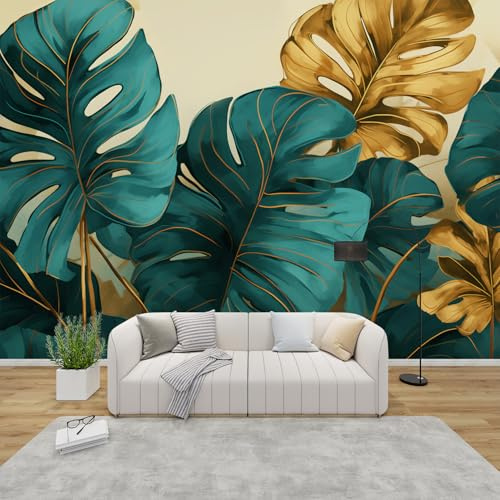 QEODAH 3D Tapete Monstera Schlafzimmer, Fototapete Tropische Blätter, Vliestapete Smaragdgrün Gold, Tapeten Wohnzimmer Muster, Botanisch Wand Deko Kinderzimmer, Wandtapete, Mustertapete 150x105 cm