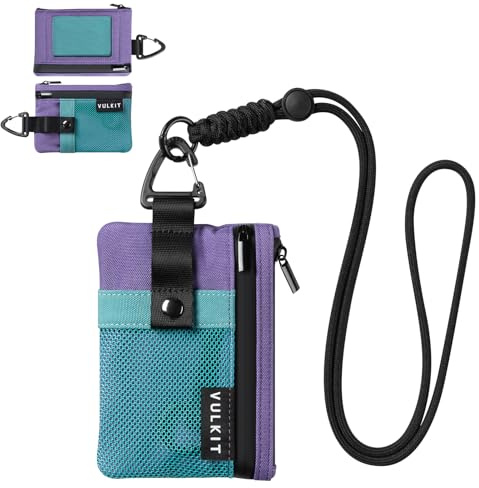 VULKIT Portafogli piccolo Minimalistico con Finestra Identificativa, Porta carte di credito con Blocco RFID Portafoglio impermeabile con cerniera (Verde Aaua-Viola)