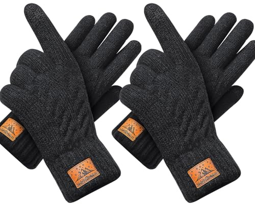 Winter-Thermohandschuhe für Herren und Damen, warme Touchscreen-Handschuhe mit schwarzem Fleecefutter, weiche Wollstrick-elastische Manschette zum Skifahren, Spazierengehen, Laufen