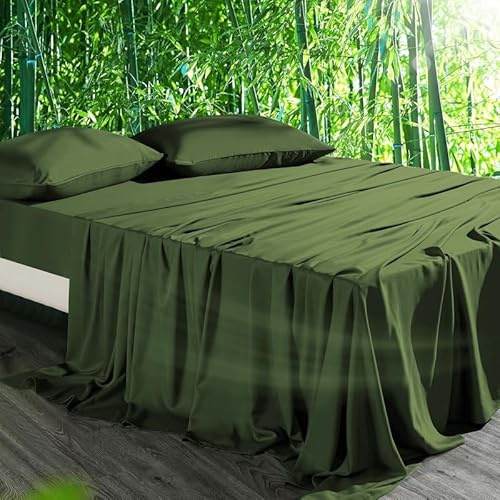 Gezu Bambus Kühlende Spannbettlaken 160x200 cm Grün Olivgrün Antibakteriell | Weich Spannbetttücher Boxspringbett Bettlaken Leintuch Spannbetttuch 160x200 für Hohe Matratze bis 15-30 cm,100% Bambus