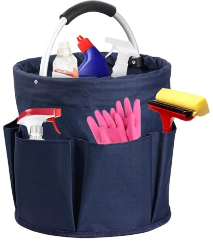 Jonuin Cleaning Caddy with Handle, 11x11in Cleaning Bag Organiser, Multi Pocket Collapsible Cleanings Caddy, Large Capacity Bag, Foldable Cleanings Bucket Organiser for Indoor and Outdoor (Navy)