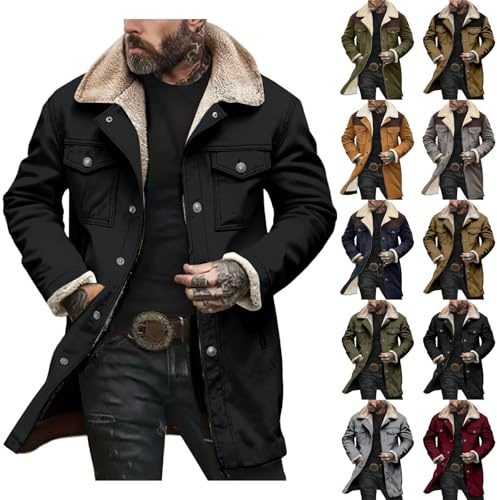 Generisch Winterjacke Herren Warm Fleece Gefüttert mit Knopf und Taschen Vintage Umlegekragen Truckerjacke Kunstledermantel Freizeit Übergangsjacke Herbst Wintermantel Streetwear