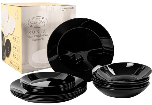 FESTA ITALIA Geschirrset 6 Personen - 18 Teilig - Tellerset aus Opalglas - Schwarz Essgeschirr Set - Schüssel- und Tellerset - Modern Tafelservice - Teller - Essservice - Geschirr Set 6 Person
