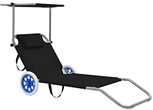 Hoopleep Klappliege mit Sonnenschutz und Rädern, Schwarz, Stahlrahmen, verstellbar, 120 kg Tragkraft, für Outdoor, Terrasse, Strand