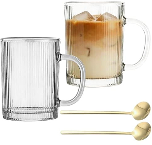 Ribbed Glass Coffee Mugs Set, 2-Pack 350ml Borosilicate Ribbed Cups with Handle for Hot and Cold Beverages, Tea, Cappuccino, Macchiato, Milk, Juice,Mugs with Handle