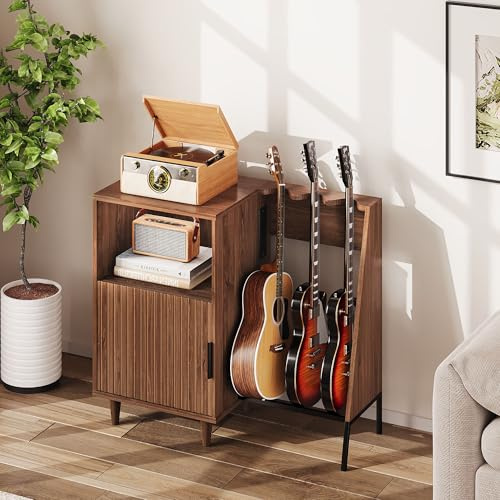 Mobile Giradischi e Porta Vinili in Legno, Mobile Hi-Fi Vintage Mid-Century con Supporto per 3 Chitarre e Prese Integrate, Scaffale Porta Dischi per Soggiorno e Camera