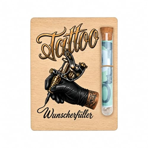 Holz Wunscherfüller mit Glasröhrchen, originelle Tattoo Gutschein Geschenkbox für Geldgeschenke. Kreativer Gutschein Tattoo zum Geburtstag für Freunde und Body-Art Fans