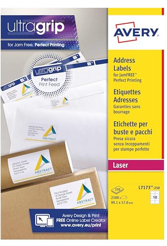 Avery Printable, Customisable Address Mailing Labels, Laser Printers, 10 per A4 Sheet, 2500 Labels, QuickPEEL (L7173), White Blank Printer Sticker Sheet.