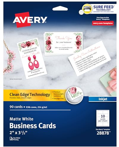 Avery Clean Edge Printable Business Cards, Sure Feed Technology, 2 x 3.5, White, 90 Blank Cards for Inkjet Printers (28878)