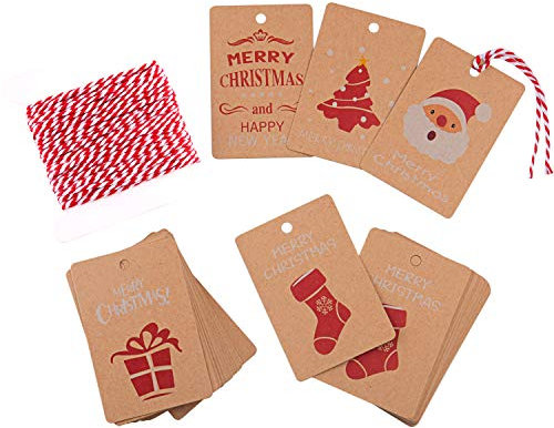 FEPITO 50PcsTags Kraftpapier Geschenkkarten mit hängendem Seil zum Einwickeln von Etiketten, 5 Design