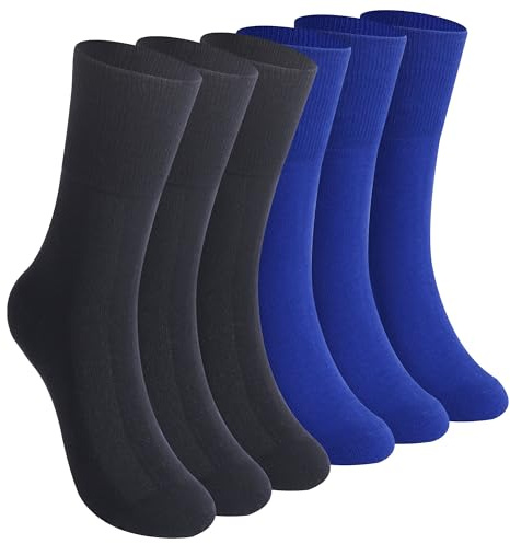 Facool Extra Wide Top Diabetic Socks Circulatory Crew Socks Non Binding Anti Blister Stretchy Cotton Socks Cushioned Seamless Socks for Men Women, 6 Pairs Black&Blue X-Large
