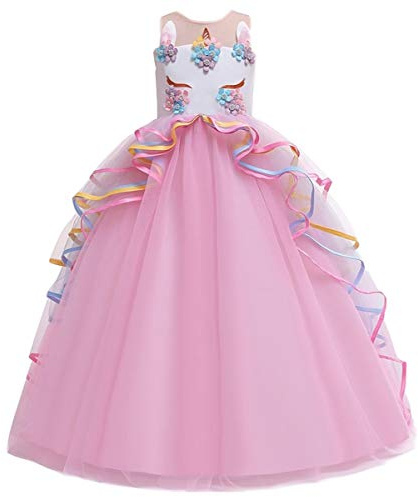 MYRISAM Princesse Fille Licorne Déguisement Robe de Anniversaire Cérémonie Soirée Halloween Carnaval Noël Fête Longue en Tulle Robes Bal