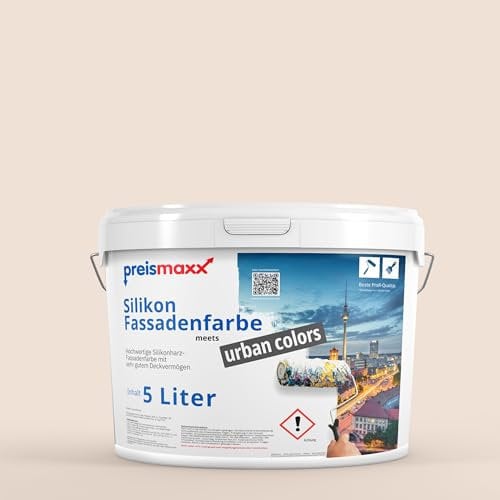 Preismaxx Silikonharz Fassadenfarbe, Perlbeige Beige 5L hochwertige, matte, wasserabweisende Aussen-Dispersion, sehr guter Regenschutz - Abperleffekt