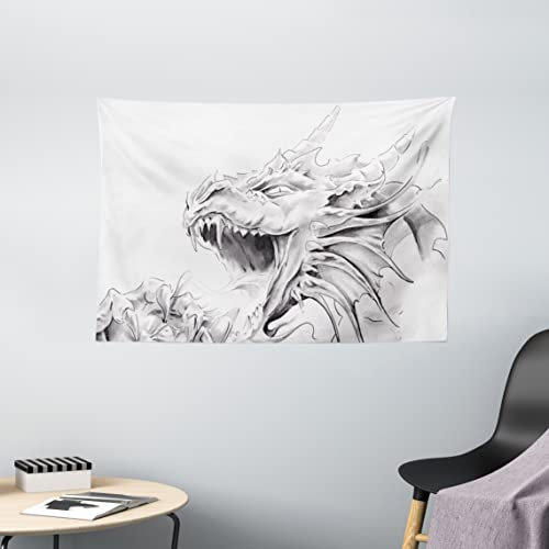 ABAKUHAUS Drachen Wandteppich, Medieval Myth Sketch, Wohnzimmer Schlafzimmer Wandtuch Seidiges Satin Wandteppich, 150 x 100 cm, Weiß Grau
