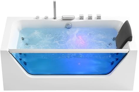 Empava 59 in. Acrylic Alcove Whirlpool Bathtub - Hydromassage Rectangular Jetted Soaking Tub with Center Drain - Waterfall Faucet