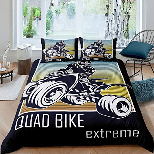 Quad-Bike-Bettwäsche-Set für Kinder, Jungen, Mädchen, Teenager, Dirt Bike, Motorrad, Extremsport, gestreift, moderner Bettbezug, Mikrofaser, Bettwäsche, Dekor, 3-teilig, Bettbezug mit 2 Kissenbezügen,