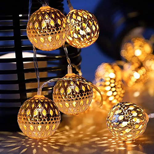 KINGCOO Vintage Moroccan Orb Lights, 3.3M/10ft 20LED Rose Gold Metal Goble Dazzling Moroccan Lantern Battery Operated Fairy String Lights for Home Bedroom Garden Wedding Party Decoration