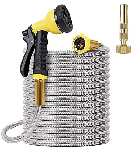 FOXEASE Metal Garden Hose 75FT - Stainless Steel Heavy Duty Water Hose with Metal Nozzle & 8 Function Sprayer, Portable & Lightweight Kink Free Yard Hose, Outdoor Hose