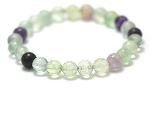MINERAL MIRACLES Armband, runde Perlen, 8 mm, Naturstein, französische Handwerkskunst, mehr als 60 Auswahlmöglichkeiten (Fluorit 8 mm)