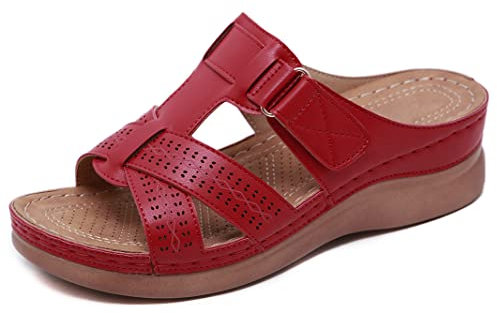 SMajong Sandales Femme été Mode Mules Femmes Compensées Chaussons Confortable Bout Ouvert Plateforme Pantoufles Chaussures de Plage Rouge Taille:39 EU