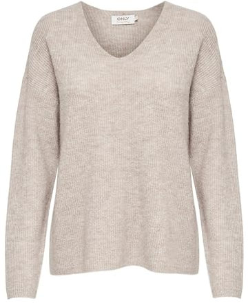 ONLY Damen Warmer Strickpullover | Knitted Basic Stretch Sweater | Langarm V-Ausschnitt Shirt ONLCAMILLA, Farben:Beige, Größe:XL