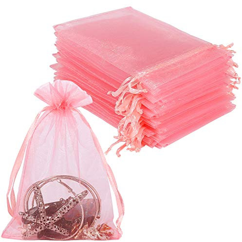 100 Stück Organzasäckchen 10X15cm, Schmuckbeutel, Rosa Organzabeutel für Süßigkeiten Make-up, Klein Beutel mit Zugband für Baby Shower Party Hochzeit Valentinstag Weihnachtsfest, Duftsäckchen Leer