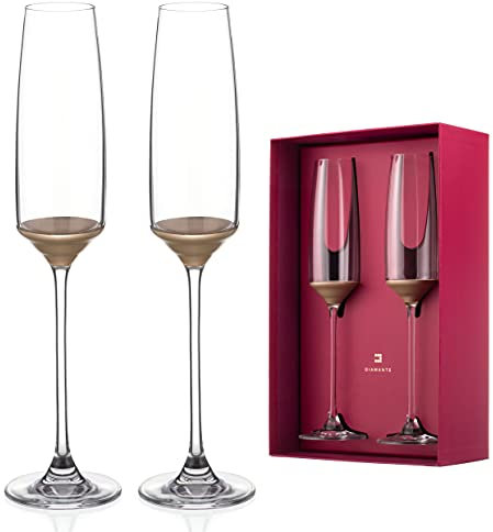 DIAMANTE Crystal Champagne Flutes or Prosecco Glasses - ‘Rose Gold’ - Set of 2 – Hand Painted