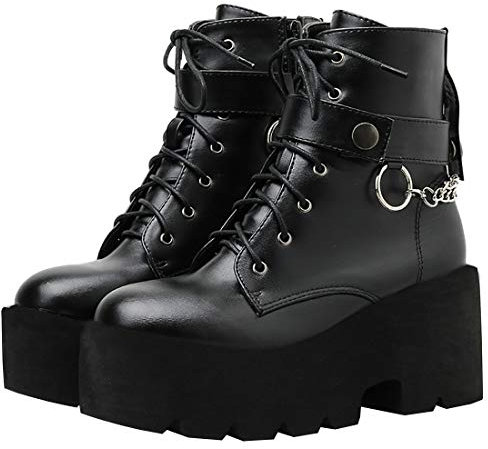 Etebella Damen Blockabsatz Plateau Stiefeletten Goth High Heels Ankle Boots zum Schnüren Punk Kette Schuhe(Schwarz,43)